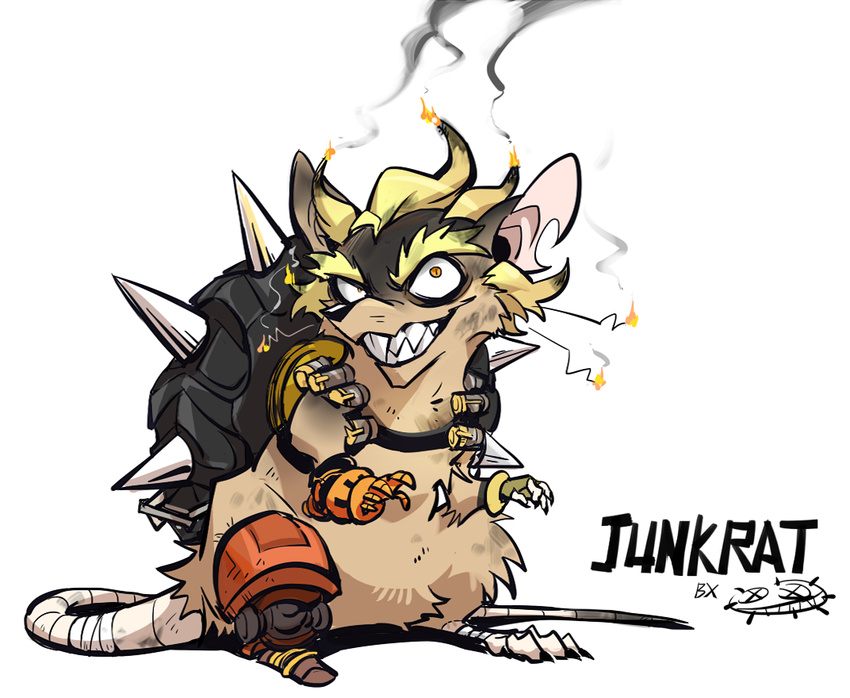 animal animalization artist_request blonde_hair burnt_hair clothed_animal commentary_request crazy_eyes crazy_grin eyebrows fire full_body gloves grin high_contrast junkrat_(overwatch) male_focus mechanical_arm no_humans overwatch peg_leg rat short_hair smile solo teeth thick_eyebrows