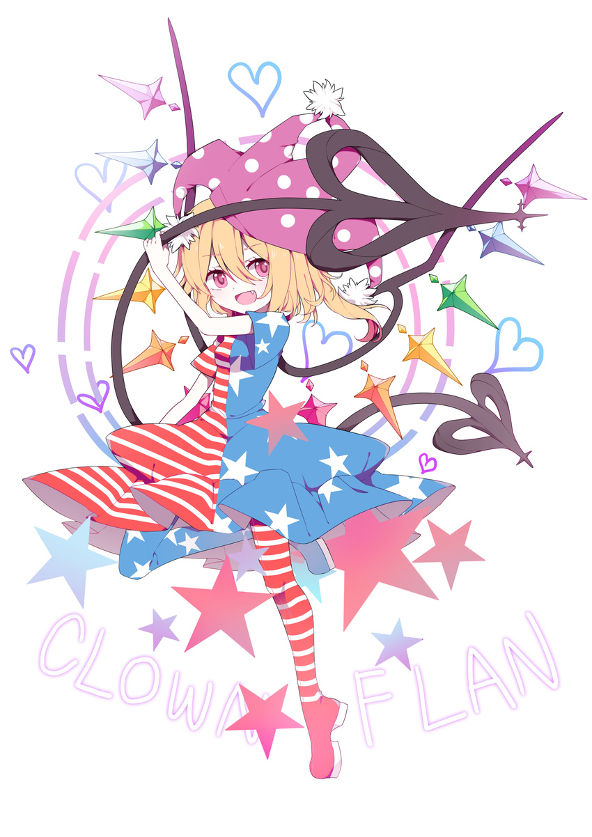 absurdres american_flag_dress american_flag_legwear blonde_hair character_name clownpiece clownpiece_(cosplay) cosplay fang flandre_scarlet full_body gla hair_between_eyes hat heart highres jester_cap laevatein looking_at_viewer open_mouth pantyhose polka_dot red_eyes red_footwear shoes short_sleeves simple_background smile solo standing standing_on_one_leg star star_print striped striped_legwear touhou wings