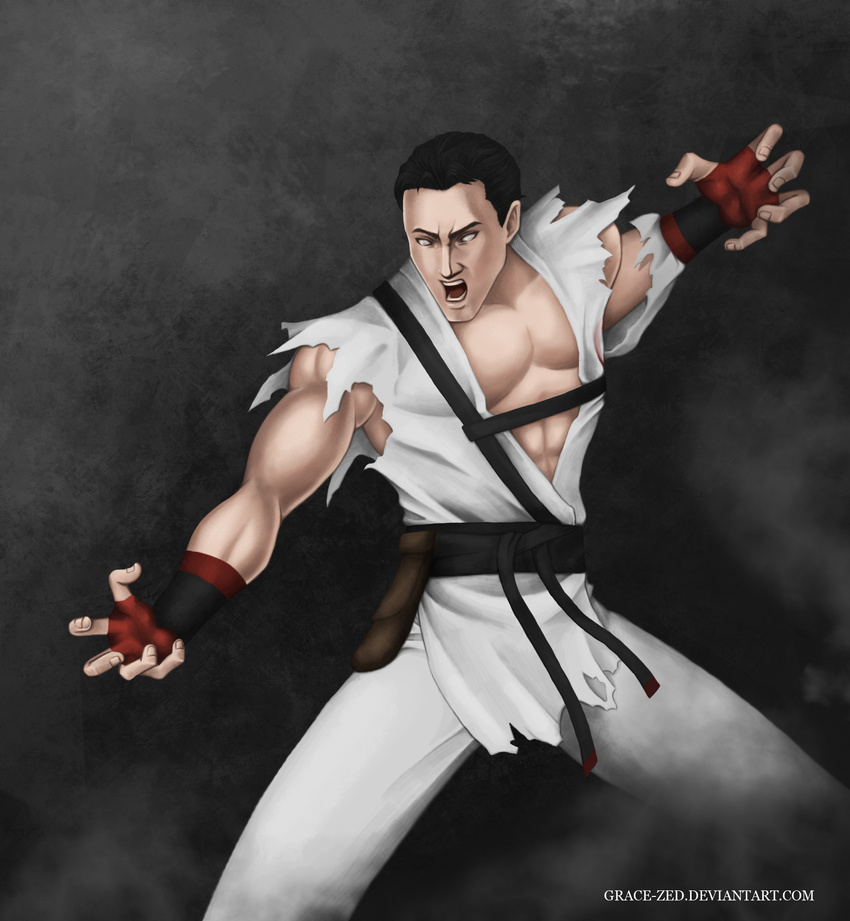 1boy alternate_costume angry artist_name battle_stance belt belt_pouch black_hair blind cowboy_shot deviantart dougi eyebrows fingerless_gloves gloves grace-zed grey_background kenshi male_focus mortal_kombat muscle open_mouth screaming short_hair smoke solo strap torn_clothes white_eyes