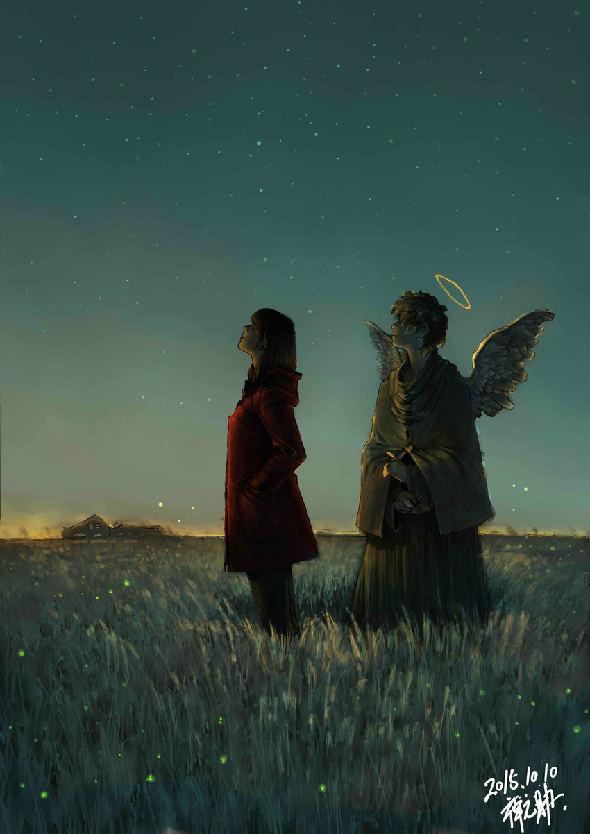 2015 absurdres androgynous angel angel_wings artist_name black_pants brown_hair building closed_mouth coat dated field from_side grass hair_over_eyes halo hand_in_pocket highres looking_up number original outdoors pants profile red_coat robe short_hair sky standing star_(sky) starry_sky twilight wings zennosuke