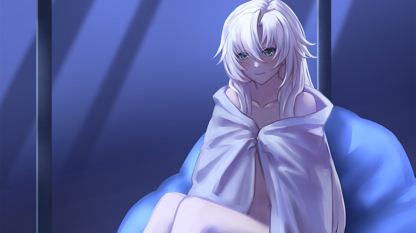 blanket blonde_hair blush collarbone covering green_eyes jacky5493 kagamigawa_chloe long_hair looking_at_viewer memories_off night nude smile solo