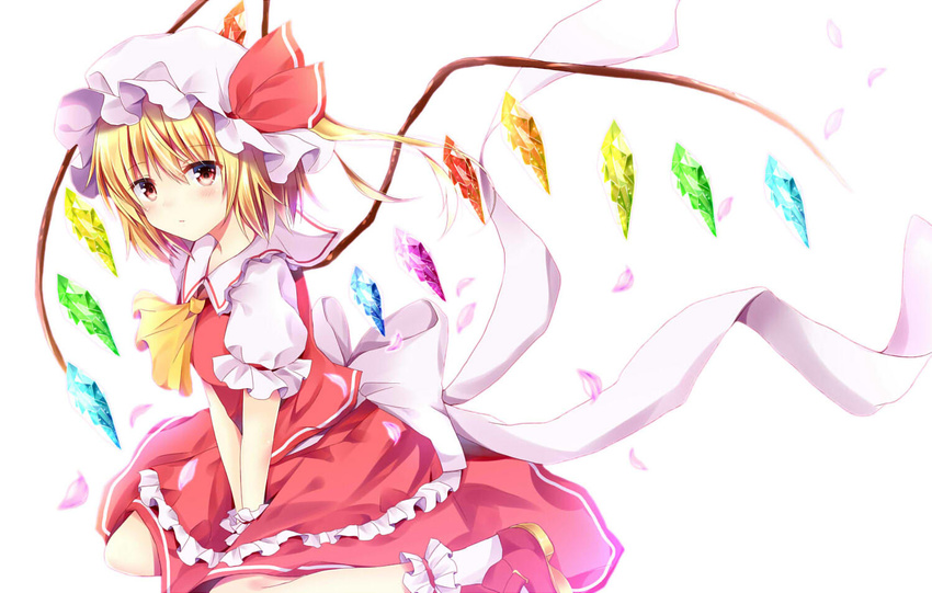 ankle_cuffs ascot blonde_hair blush bow crystal flandre_scarlet from_side hat hat_ribbon hyurasan kneeling looking_at_viewer mary_janes mob_cap puffy_short_sleeves puffy_sleeves red_eyes red_footwear red_ribbon red_shirt red_skirt ribbon shirt shoes short_sleeves side_ponytail sitting skirt skirt_set solo touhou v_arms wariza white_background white_bow white_ribbon wings wrist_cuffs