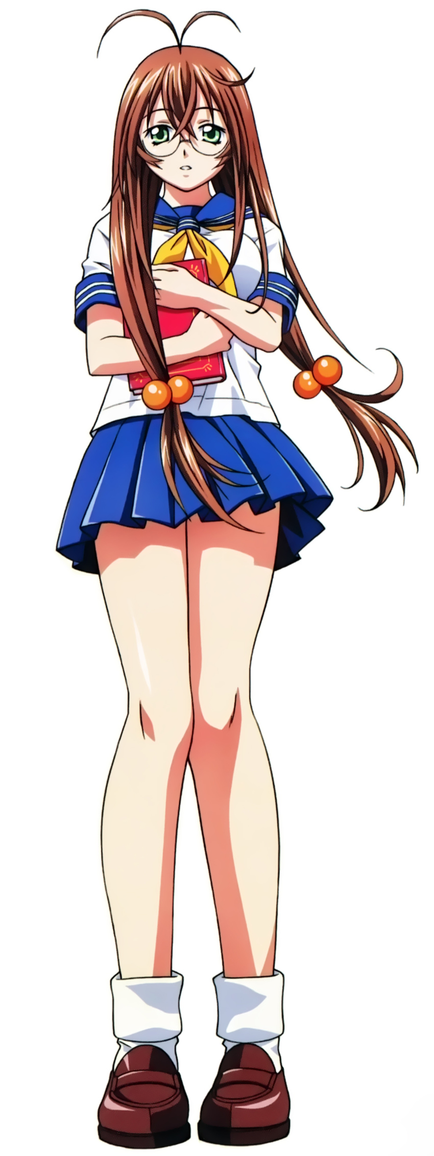 1girl breasts brown_hair female glasses green_eyes ikkitousen legs long_hair looking_at_viewer ryuubi_gentoku school_uniform shoes skirt solo uniform