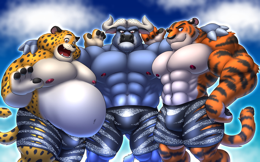 2016 abs anthro arm_around_shoulders benjamin_clawhauser biceps big_muscles black_fur black_nose blue_fur bovine buffalo bulge cheetah chief_bogo clothed clothing cloud disney fangs feline fur group horn interval looking_at_viewer male mammal muscular muscular_male navel nipples open_mouth orange_fur outside overweight pecs sky smile standing stripes stripper_tiger_(zootopia) teeth tiger tongue topless underwear whiskers white_fur yellow_fur zootopia zootopia_shorts