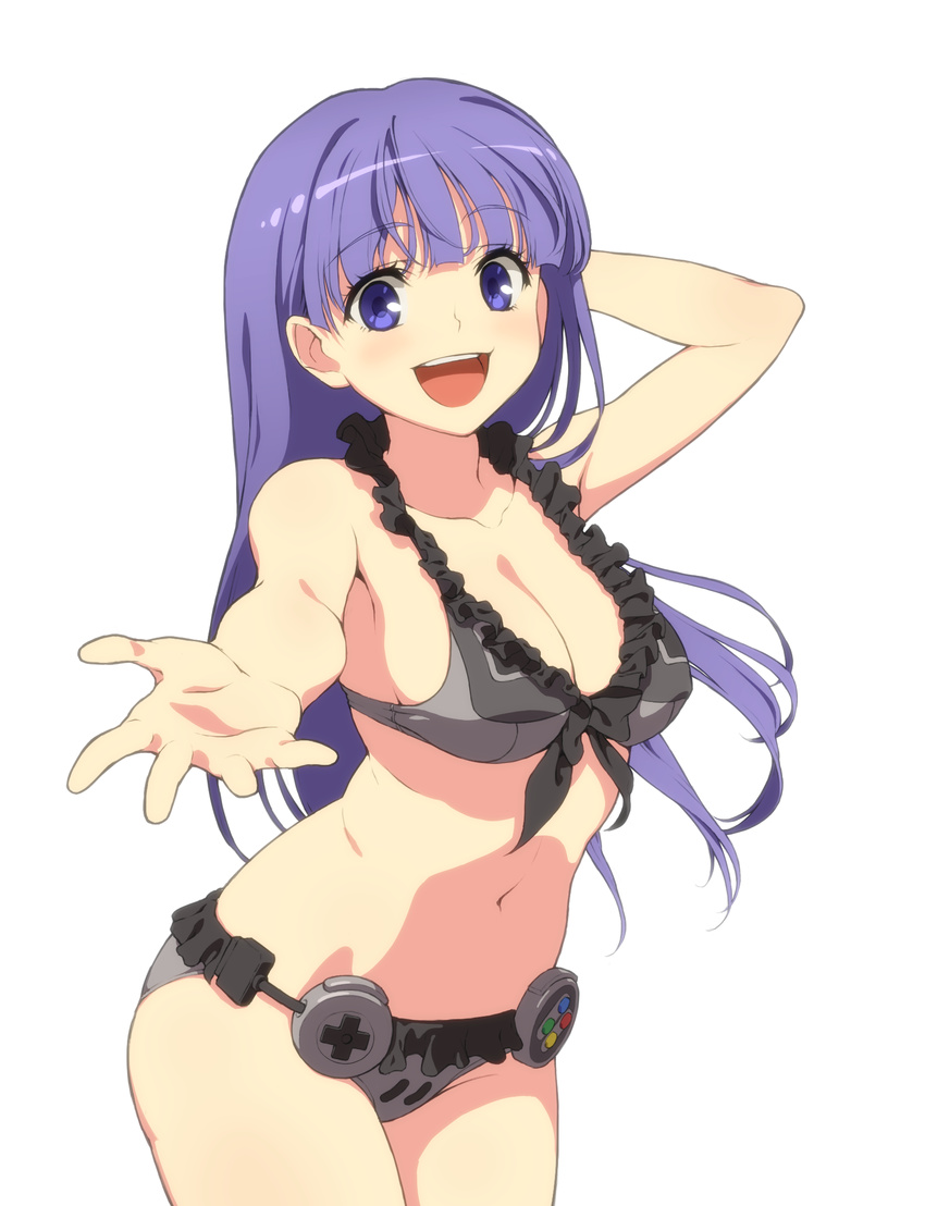 :d aoi_kasumi arm_up bangs bare_arms bikini blush breasts cleavage collarbone commentary_request cowboy_shot eyebrows eyebrows_visible_through_hair frilled_bikini frills front-tie_bikini front-tie_top game_console grey_bikini hand_behind_head highres long_hair looking_at_viewer medium_breasts navel open_mouth original outstretched_arm purple_eyes purple_hair ryo_mizuse simple_background smile solo super_famicom swimsuit teeth white_background