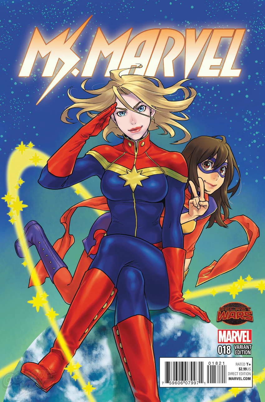 2girls absurdres blonde_hair bodysuit boots breasts brown_eyes brown_hair carol_danvers cover cover_page crossed_legs dark_skin domino_mask earth giantess gloves green_eyes highres kamala_khan knee_boots lips long_hair marvel mask medium_breasts ms._marvel ms._marvel_(series) multiple_girls official_art red_gloves salute scarf sitting smile superhero tateo_retsu v