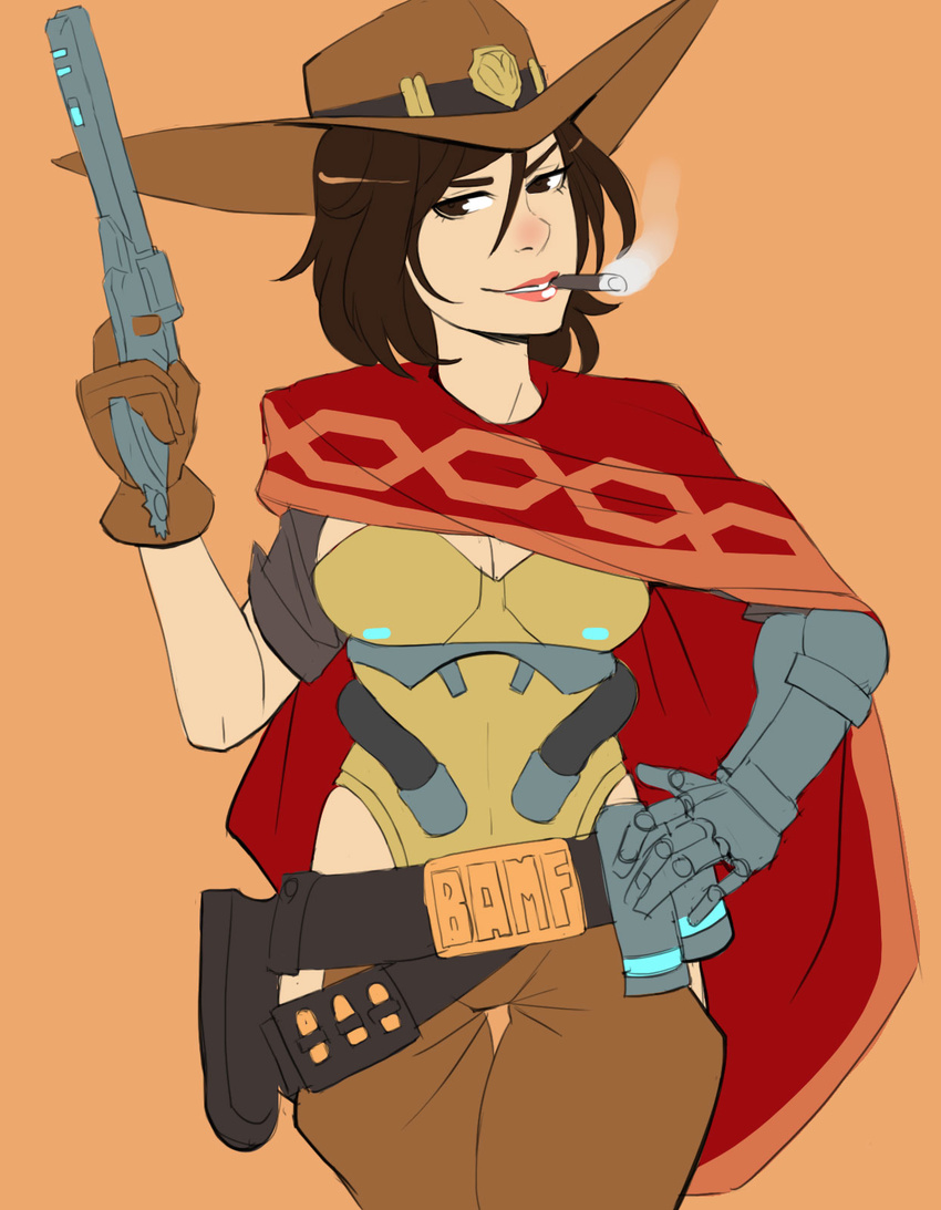 belt belt_buckle breasts brown_eyes brown_gloves brown_hair buckle chaps cigar cleavage cowboy_hat cyborg flat_color genderswap genderswap_(mtf) gloves greenmarine gun hand_on_hip handgun hat highres hip_vent holster leotard lips mccree_(overwatch) mechanical_arm nose overwatch pistol poncho revolver short_hair solo weapon