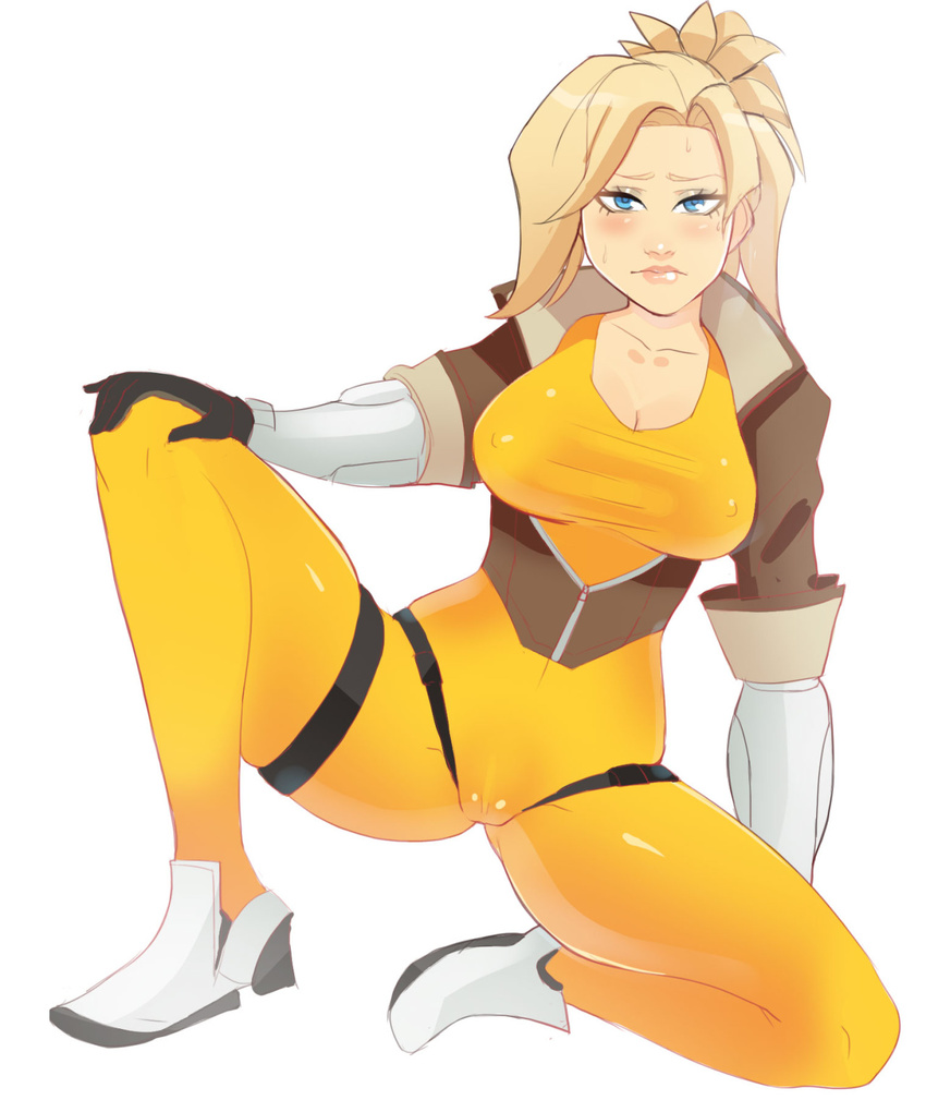 black_gloves blonde_hair blue_eyes blush bodysuit bomber_jacket breasts cameltoe commentary cosplay covered_nipples eyeshadow full_body gloves greenmarine highres jacket large_breasts lips lipstick long_hair makeup mercy_(overwatch) overwatch ponytail shoes sneakers solo spread_legs sweatdrop taut_clothes tracer_(overwatch) tracer_(overwatch)_(cosplay)