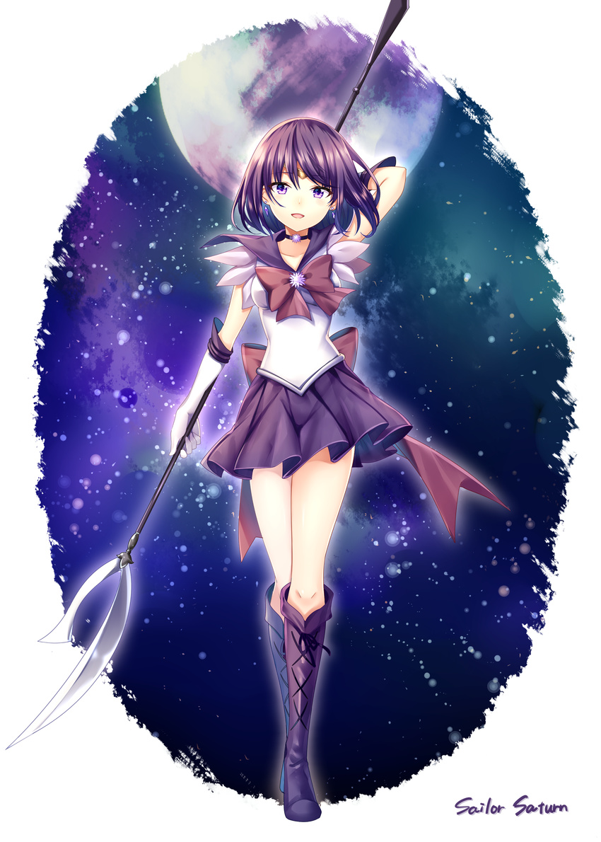 absurdres bishoujo_senshi_sailor_moon black_hair blue_background boots bow brooch brown_bow character_name choker circlet cross-laced_footwear elbow_gloves full_body full_moon glaive gloves highres holding holding_spear holding_weapon jewelry knee_boots lace-up_boots looking_at_viewer magical_girl moon pleated_skirt polearm purple_eyes purple_footwear purple_sailor_collar purple_skirt sailor_collar sailor_saturn sailor_senshi_uniform short_hair silence_glaive skirt smile solo spear standing star star_choker tiara tomoe_hotaru weapon white_gloves yuya_(night_lily)