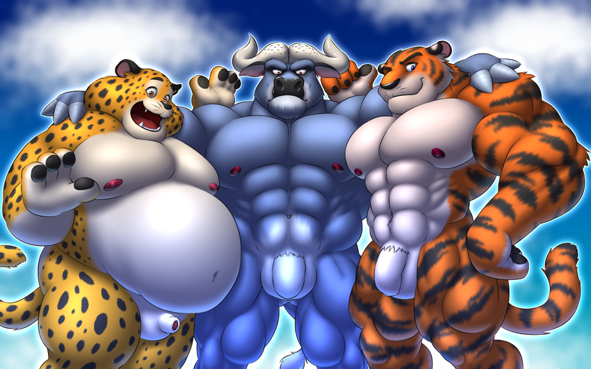 2016 abs anthro arm_around_shoulders benjamin_clawhauser biceps big_muscles black_fur black_nose blue_fur bovine buffalo cheetah chief_bogo cloud disney fangs feline flaccid fur group horn interval looking_at_viewer male mammal muscular muscular_male navel nipples nude open_mouth orange_fur outside overweight pecs penis sky smile standing stripes stripper_tiger_(zootopia) teeth tiger tongue whiskers white_fur yellow_fur zootopia