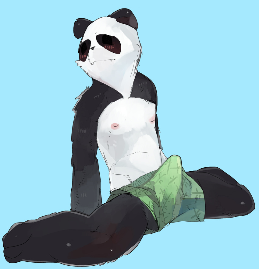 anthro barefoot bear blush boxers_(clothing) clothed clothing cute_fangs eyes_closed kneeling liteu looking_away low-riding male mammal nipples panda solo spread_legs spreading tenting topless underwear