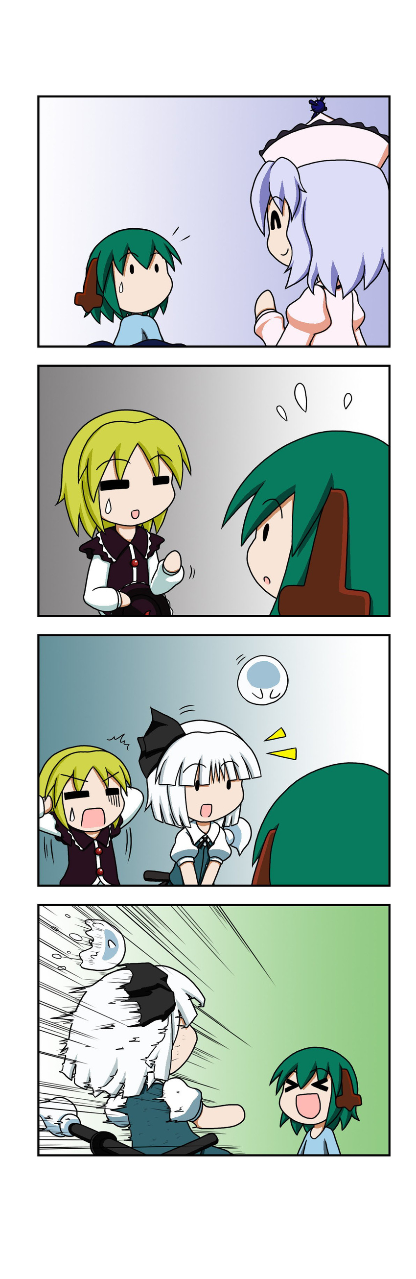 &gt;_&lt; /\/\/\ 4girls 4koma :d :o =_= ^_^ absurdres animal_ears blonde_hair bow bowing closed_eyes comic covering_ears dog_ears emphasis_lines floppy_ears flying_sweatdrops gradient gradient_background green_hair hair_bow hair_ornament hairband hat highres kasodani_kyouko katana konpaku_youmu konpaku_youmu_(ghost) lavender_hair lunasa_prismriver merlin_prismriver multiple_girls open_mouth rakugaki-biyori sheath silent_comic smile solid_oval_eyes sonic_boom sweatdrop sword touhou v-shaped_eyebrows v_arms waving weapon white_hair xd