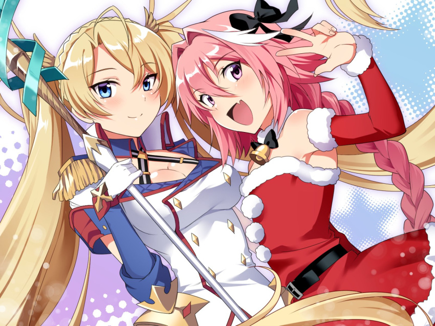 1boy 1girl astolfo_(fate) bangs bell bell_collar belt belt_buckle black_bow black_ribbon blonde_hair blue_eyes blush bow bradamante_(fate/grand_order) braid breasts buckle christmas cleavage collar commentary_request elbow_gloves fang fate/grand_order fate_(series) french_braid gloves hair_intakes hair_ribbon highres lance long_braid long_hair looking_at_viewer migi12hidari8 multicolored_hair open_mouth pink_hair polearm purple_eyes red_sailor_collar ribbon sailor_collar santa_costume single_braid smile streaked_hair trap twintails very_long_hair weapon