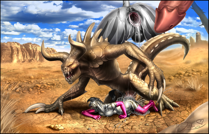 2016 animal_genitalia animal_penis anthro breasts butt close-up clothing cum deathclaw desert digital_media_(artwork) duo equine fallout gloves herm hi_res horse intersex interspecies invalid_tag kaeldu larger_male legwear male mammal open_mouth penetration penis pussy quillu rubber size_difference smaller_intersex stockings stripes teeth vaginal video_games wasteland zebra