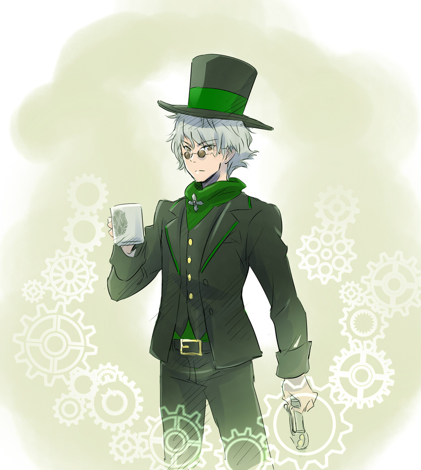 belt coffee_mug cup grey_hair hat highres iesupa male_focus mug professor_ozpin rwby solo top_hat