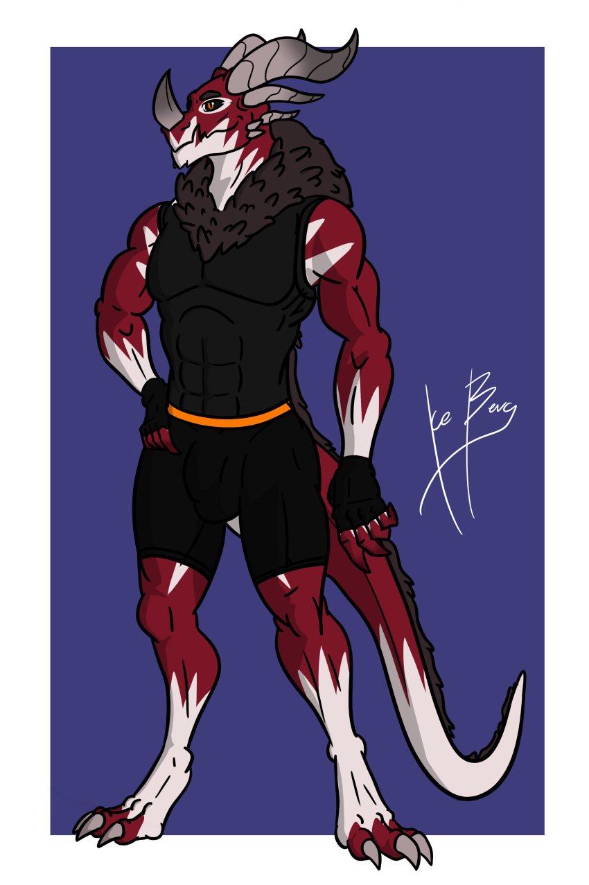 1ceberg agrus(1ceberg) anthro boxer_briefs bulge claws clothed clothing dragon fur gloves hand_on_hip horn male mane muscular muscular_male pecs scalie shirt solo spikes standing stripes tank_top underwear