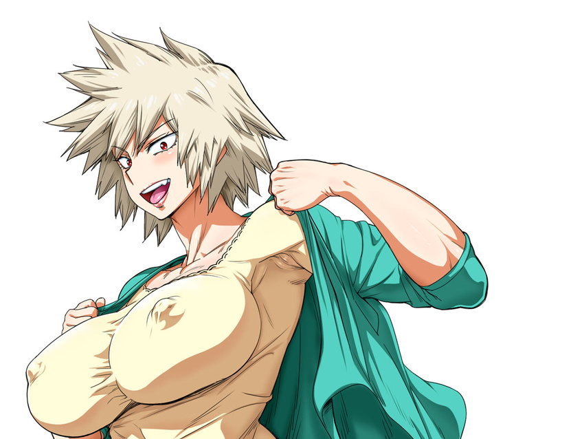 arm_up bakugou_mitsuki blonde_hair blush boku_no_hero_academia breasts collarbone covered_nipples eyebrows eyebrows_visible_through_hair from_side impossible_clothes impossible_shirt jacket large_breasts lipstick looking_at_viewer makeup mature numahana open_mouth red_eyes shirt short_hair smile solo spiked_hair undressing upper_body white_background