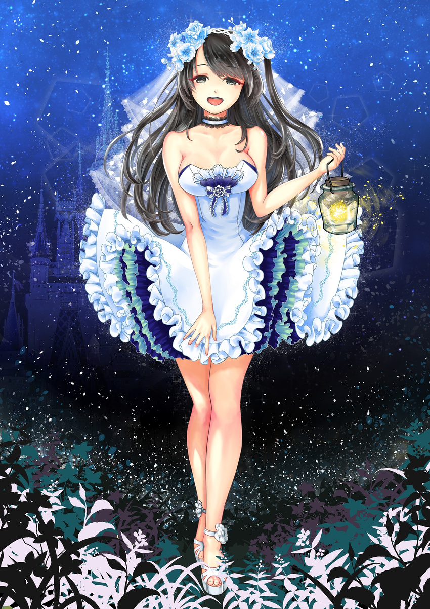 alternate_hair_color bad_id bad_pixiv_id bare_shoulders black_eyes black_hair breasts choker cleavage dress flower frilled_dress frills full_body hair_flower hair_ornament high_heels highres idolmaster idolmaster_cinderella_girls lace-trimmed_choker lace_trim lantern long_hair medium_breasts one_side_up open_toe_shoes rice_bowl_(artist) sandals shimamura_uzuki shoes smile solo standing strapless strapless_dress toes veil