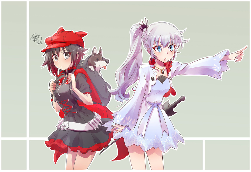 backpack bag blue_eyes brown_hair cloak earrings facial_scar gradient_hair grey_hair highres hood hooded_cloak iesupa jewelry multicolored_hair multiple_girls myrtenaster necklace pointing rapier red_hair ruby_rose rwby scar side_ponytail silver_eyes skirt squiggle sword weapon weiss_schnee zwei_(rwby)