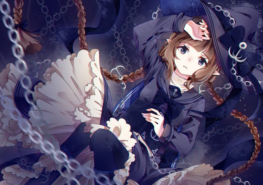 anchor_symbol arm_up blue_eyes blue_legwear blue_ribbon blue_shirt blue_skirt book braid brown_hair chain e.tk fishing_hook hair_ribbon hat highres holding holding_book knees_together_feet_apart long_sleeves looking_at_viewer oounabara_to_wadanohara parted_lips pointy_ears ribbon school_uniform serafuku shirt skirt solo twin_braids underwater wadanohara witch_hat