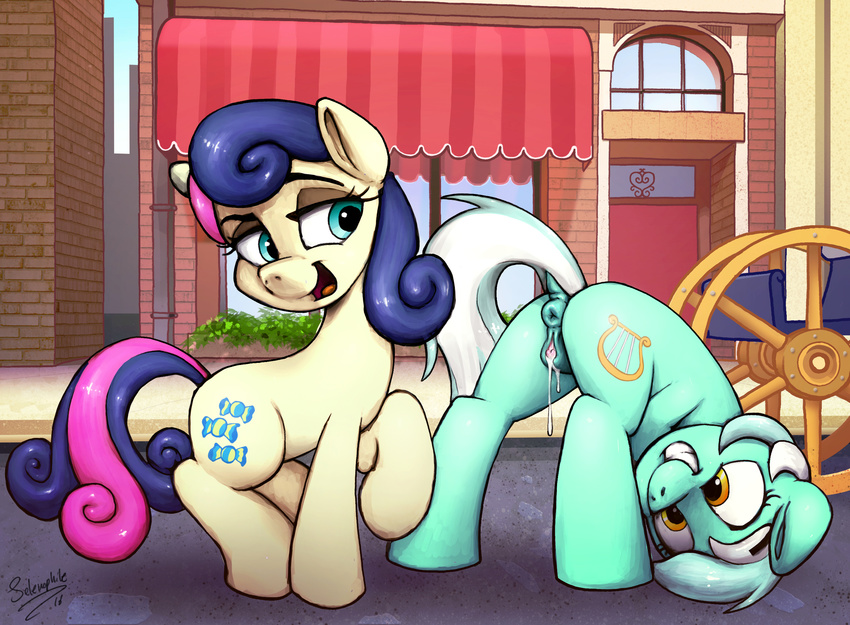 2016 anatomically_correct anatomically_correct_pussy animal_genitalia animal_pussy anus bonbon_(mlp) butt clitoris cutie_mark dock duo earth_pony equine equine_pussy female feral friendship_is_magic hair hi_res hooves horse lyra_heartstrings_(mlp) mammal multicolored_hair my_little_pony open_mouth outside pony pussy pussy_juice selenophile two_tone_hair