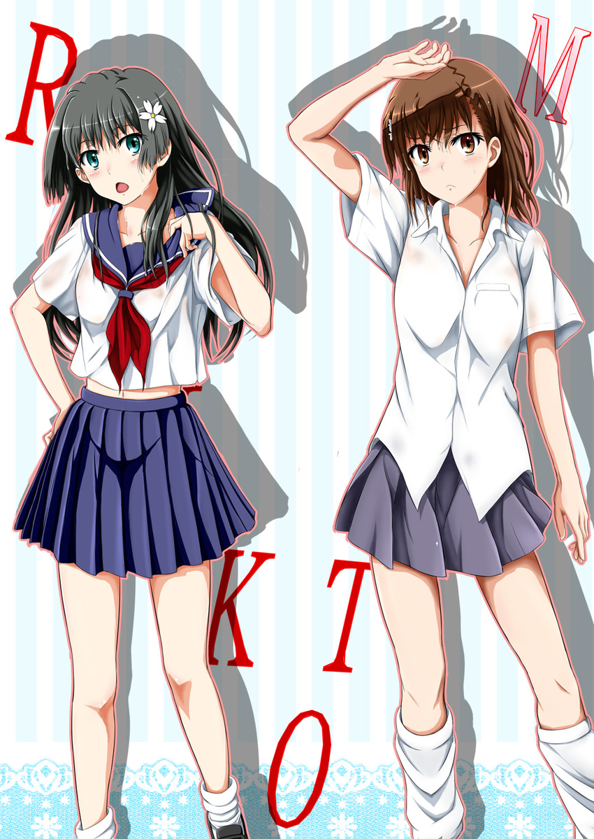 black_hair brown_eyes brown_hair dress_shirt flower green_eyes hair_flower hair_ornament highres ken'ichi_(silvian125jp) long_hair misaka_mikoto multiple_girls sakugawa_school_uniform saten_ruiko school_uniform serafuku shirt short_hair standing to_aru_kagaku_no_railgun to_aru_majutsu_no_index