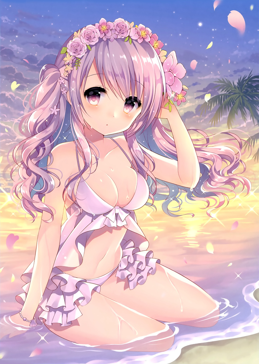 absurdres bangs bikini bracelet breasts cleavage collarbone dengeki_moeou flower full_body hair_flower hair_ornament halterneck head_tilt head_wreath highres jewelry long_hair looking_at_viewer medium_breasts navel outdoors palm_tree partially_submerged petals pink_bikini pink_eyes pink_hair scan sitting solo sparkle sunset swept_bangs swimsuit tree wasabi_(sekai) water wavy_hair wet