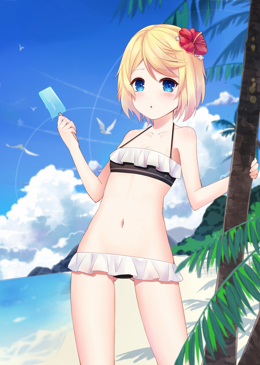 :o absurdres bad_id bad_pixiv_id beach bikini blue_eyes blush character_name clothes_writing flower food frilled_bikini frills hair_flower hair_ornament highres looking_at_viewer popsicle saikou-iro_aurora solo swimsuit tree z16_friedrich_eckoldt_(zhan_jian_shao_nyu) zhan_jian_shao_nyu