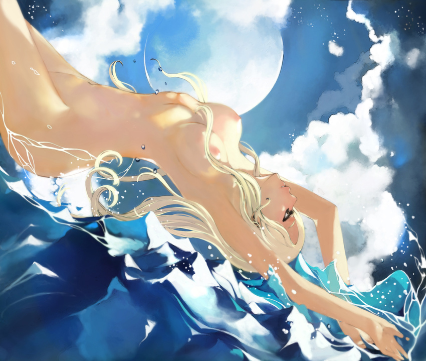 arms_up blonde_hair breasts claymore cloud cloudy_sky eyelashes from_side large_breasts long_hair looking_away moon navel night nipples nude nyami ocean outdoors parted_lips profile shade sky solo star_(sky) starry_sky teresa_(claymore) water water_drop wavy_hair