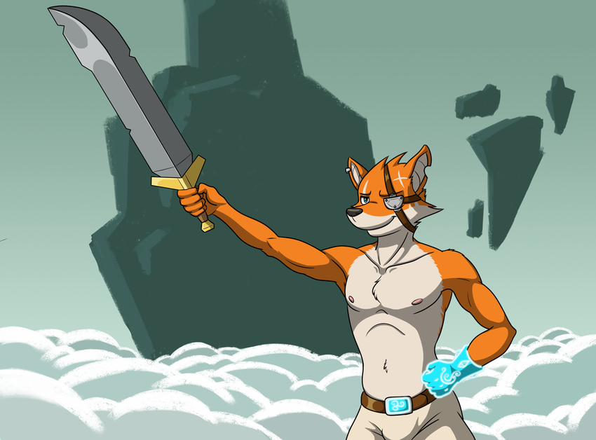 canine clothed clothing dentist_(artist) eye_patch eyewear fox male mammal melee_weapon muscular reynardo solo stories sword topless weapon