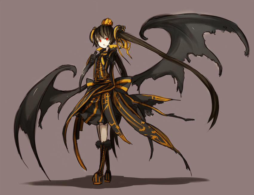bad_id bad_pixiv_id borrowed_character food_themed_hair_ornament ganesagi grey_background hair_ornament highres knife long_hair original pumpkin pumpkin_hair_ornament red_eyes simple_background solo twintails very_long_hair weapon wings