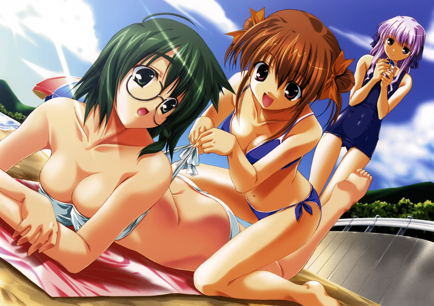 absurdres bandeau barefoot beach bikini breasts brown_eyes brown_hair cleavage day feet fumio_(ura_fmo) glasses green_eyes green_hair highres konishi_tamako large_breasts lavender_hair long_legs lying multiple_girls on_stomach one-piece_swimsuit open_mouth purple_eyes sakura_chika school_swimsuit setouchi_aoi short_hair side-tie_bikini small_breasts sorauta strapless swimsuit tubetop twintails untied untied_bikini