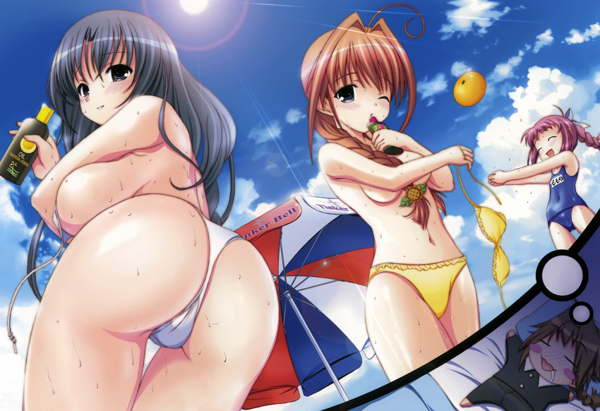 :3 absurdres aojiru ass back ball beach_umbrella bed between_breasts bikini blue_eyes blush blush_stickers braid breast_hold breasts chibi child closed_eyes cloud covering day dreaming flat_chest flower grey_hair hagio_himawari hair_flower hair_ornament hanamaru! happy highres huge_ass huge_breasts lens_flare long_hair looking_back lotion momono_momo multiple_girls name_tag non-web_source one-piece_swimsuit one_eye_closed orange_eyes orange_hair outdoors pajamas pillow pink_hair sakurazaka_tsubaki saliva scan school_swimsuit sideboob single_braid sky sleeping smile stretch sun sunflower sunflower_hair_ornament swimsuit thigh_gap topless twin_braids umbrella untied untied_bikini wet white_bikini yellow_bikini