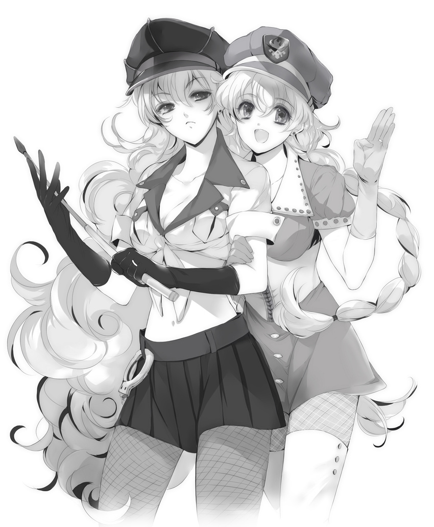 absurdres adapted_uniform antispiral_nia big_hair braid cloud_hair curly_hair dark_persona dual_persona fishnet_pantyhose fishnets gloves greyscale hat highres kanke_(yonkuma) long_hair miniskirt monochrome multiple_girls nia_teppelin pantyhose police police_uniform policewoman shirt skirt source_request tengen_toppa_gurren_lagann tied_shirt time_paradox uniform very_long_hair whip