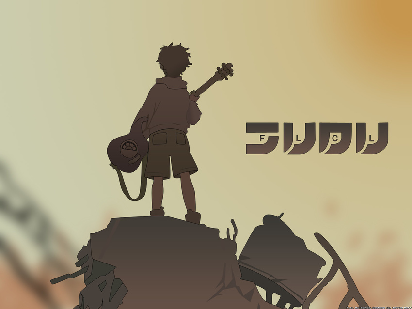 1boy bass_guitar flcl highres instrument nandaba_naota ruins solo taco takkun_(flcl) takun wallpaper