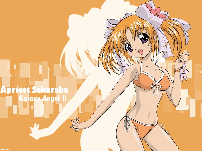 apricot_sakuraba bikini breasts character_name cleavage copyright_name galaxy_angel galaxy_angel_rune highres medium_breasts non-web_source orange_(color) orange_background orange_bikini orange_hair purple_eyes short_twintails side-tie_bikini solo swimsuit twintails vector_trace wallpaper