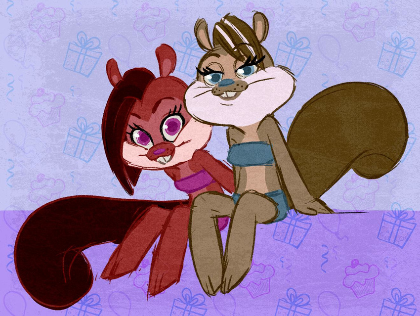 abstract_background anthro bedroom_eyes bikini black_hair blue_eyes brown_fur brown_hair buckteeth clothing duo female fur hair half-closed_eyes lastchancetoexit looking_at_viewer mammal pink_eyes popgoes red_fur rodent saffron_the_squirrel sara_the_squirrel seductive sibling sisters sitting smile squirrel swimsuit teeth