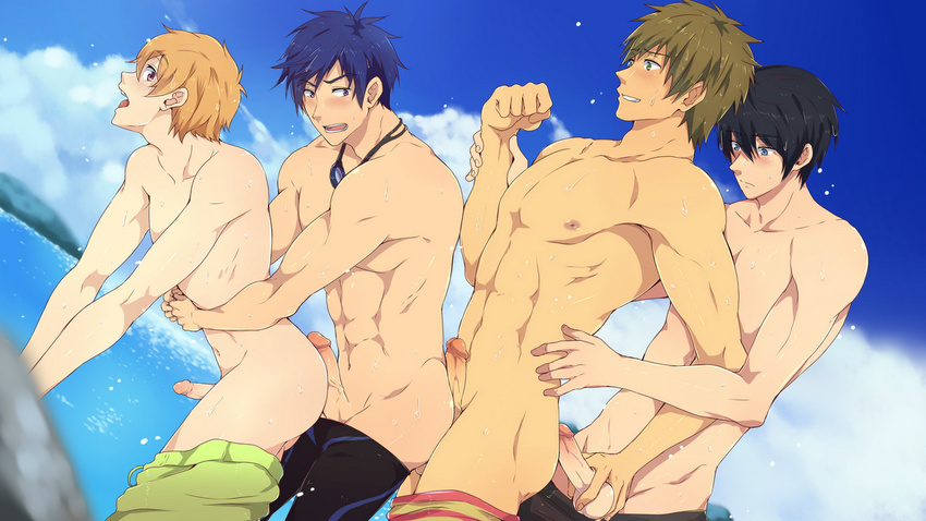 4boys free! group_sex hazuki_nagisa male_focus man_train mazjojo multiple_boys muscle nanase_haruka_(free!) outside penis ryuugazaki_rei sex swim_trunks tachibana_makoto tagme topless uncensored yaoi