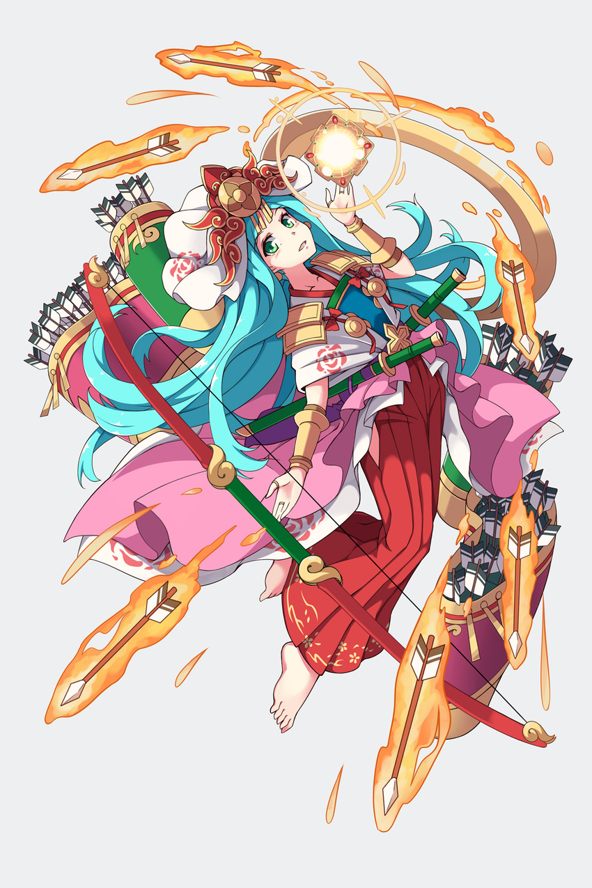 amaterasu_(p&amp;d) aqua_hair armor arrow barefoot blush bow_(weapon) bracer collarbone earrings fuku_arashi green_eyes hakama headdress highres japanese_armor japanese_clothes jewelry long_hair looking_at_viewer parted_lips puzzle_&amp;_dragons quiver red_hakama ring sheath sheathed shoulder_armor sode solo sword thumb_ring very_long_hair weapon