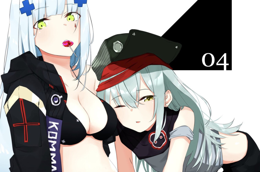2girls all_fours arm_support bangs blunt_bangs blush breasts brown_eyes candy cleavage clothes_writing eyebrows_visible_through_hair facial_mark food g11_(girls_frontline) girls_frontline green_eyes grey_shirt hair_between_eyes hair_ornament half-closed_eye hat hk416_(girls_frontline) ichiki_1 jacket lollipop long_hair looking_at_viewer medium_breasts mouth_hold multiple_girls one_eye_closed open_clothes open_jacket open_mouth scar scarf_on_head shirt shoulder_cutout silver_hair sitting teardrop very_long_hair