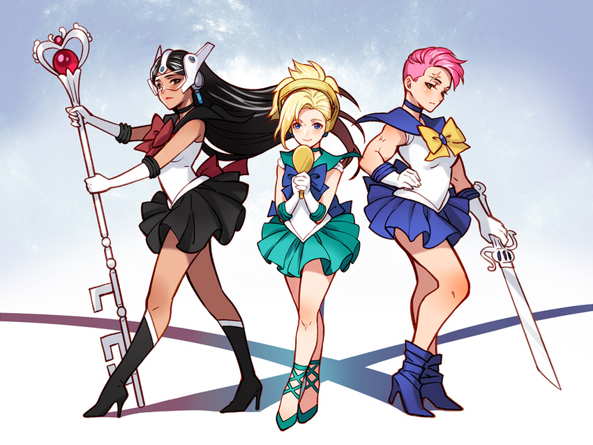 biceps bishoujo_senshi_sailor_moon black_choker black_hair blonde_hair blue_sailor_collar choker cosplay dark_skin eclosion gloves hand_mirror high_heels holding holding_staff mercy_(overwatch) mirror multiple_girls oohara_sayaka outer_senshi overwatch pink_hair sailor_collar sailor_neptune sailor_neptune_(cosplay) sailor_pluto sailor_pluto_(cosplay) sailor_senshi sailor_senshi_uniform sailor_uranus sailor_uranus_(cosplay) seiyuu_connection skirt staff strappy_heels sword symmetra_(overwatch) toned visor weapon white_gloves zarya_(overwatch)