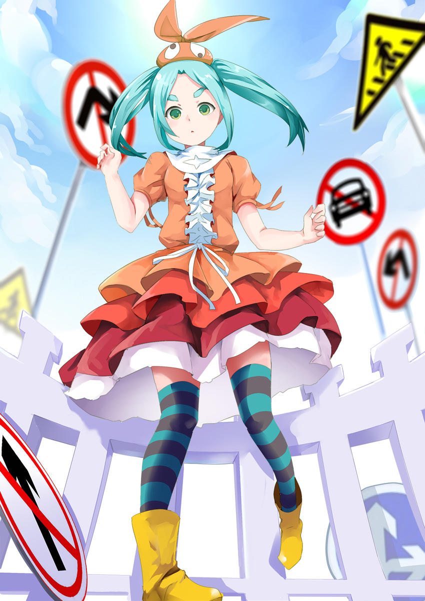 aqua_hair blue_sky boots cloud day dress eyebrows fence green_eyes hat highres kabaneneko looking_at_viewer monogatari_(series) nisemonogatari no_symbol ononoki_yotsugi outdoors puffy_short_sleeves puffy_sleeves road_sign rubber_boots short_eyebrows short_hair short_sleeves sign sky solo striped striped_legwear thick_eyebrows twintails yellow_footwear