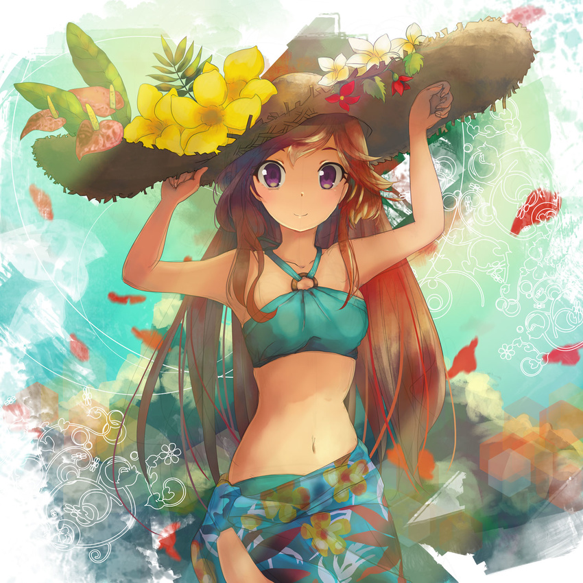 abstract_background anthurium arms_up bad_id bad_pixiv_id bandeau bikini brown_hair cowboy_shot day floral_print flower flower_request halterneck hands_on_headwear hat hat_flower highres long_hair looking_at_viewer narrow_waist navel o-ring o-ring_top original outdoors plumeria purple_eyes sakisato_kiriko sarong sketch smile solo straw_hat sun_hat swimsuit very_long_hair