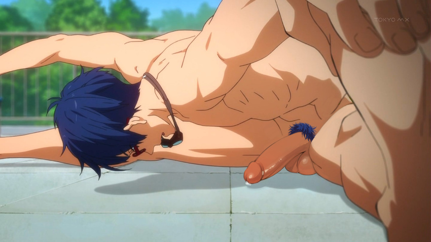 1boy blue_hair edit free! glasses male_focus muscle penis pubic_hair ryuugazaki_rei screenshot testicles uncesnored