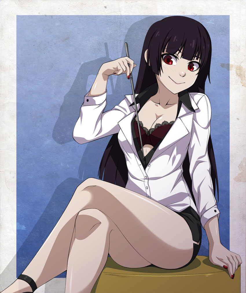 alternate_costume bangs bare_legs black_hair black_skirt blunt_bangs bra breasts cleavage crossed_legs desk highres kanoe_yuuko lace lace-trimmed_bra long_hair looking_at_viewer medium_breasts miniskirt nail_polish on_desk pencil_skirt pointer purple_bra red_eyes red_nails sitting sitting_on_desk skirt smile solo spike_wible strappy_heels tasogare_otome_x_amnesia teacher unbuttoned underwear