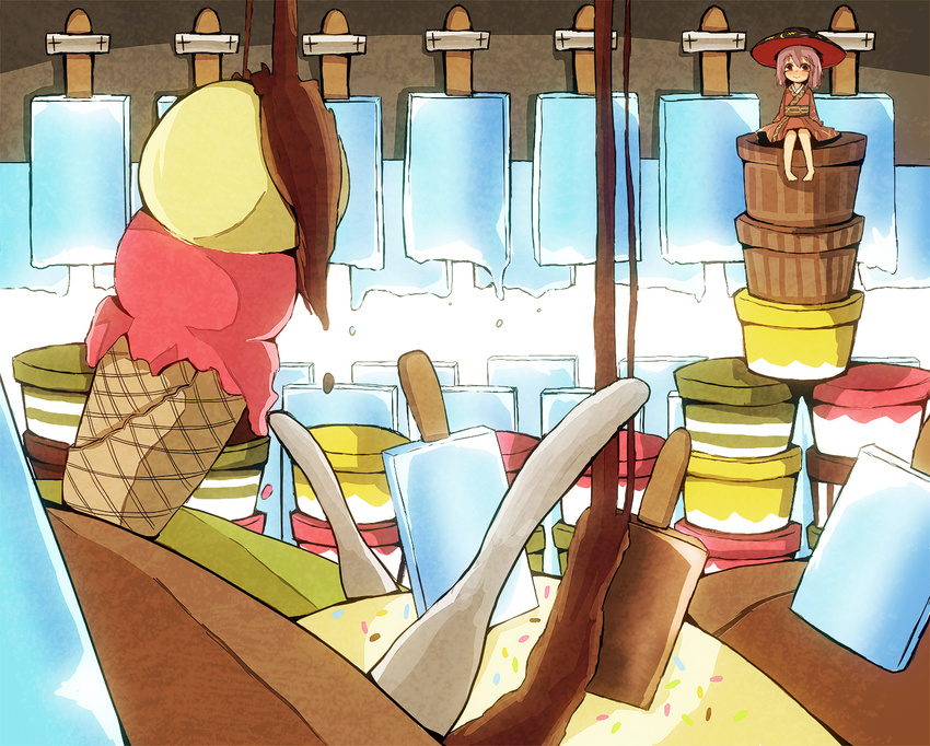 barefoot bowl bowl_hat chocolate_syrup food hat highres ice_cream ice_cream_cone ice_cream_cup ice_cream_spoon japanese_clothes kimono long_sleeves looking_at_viewer minigirl obi popsicle purple_eyes purple_hair sash sitting sitting_on_object smile solo spoon sprinkles sukuna_shinmyoumaru topadori touhou