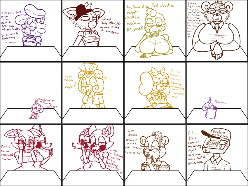 animatronic anthro avian bear beauty_mark bedroom_eyes big_breasts bird bonnie_(fnaf) book bow breasts burlesque candle canine chica_(fnaf) chicken cleavage clothed clothing collar conjoined crossdressing crossed_arms cupcake cupcake_(fnaf) dialogue ear_piercing embarrassed english_text featureless_breasts female five_nights_at_freddy's five_nights_at_freddy's_2 food fox foxy_(fnaf) freddy_(fnaf) golden_freddy_(fnaf) half-closed_eyes hat human lagomorph machine male mammal mangle_(fnaf) one_eye_closed phone phone_guy_(fnaf) piercing rabbit robot seductive snaxattacks sparkles spring_bonnie_(fnaf) sweat text tongue tongue_out toy_freddy_(fnaf) video_games