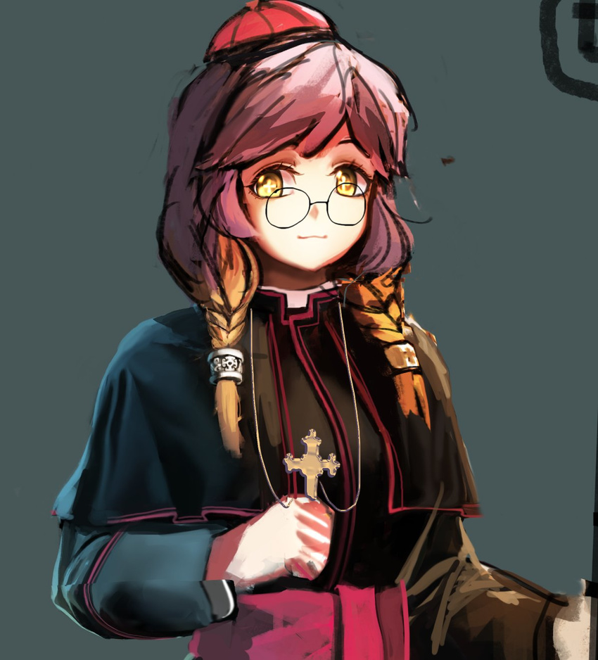 1girl alternate_costume alternate_hairstyle bangs bespectacled blonde_hair braid christianity cross cross_necklace glasses gradient_hair hat highres hijiri_byakuren hijiwryyyyy holding_cross jewelry long_sleeves looking_at_viewer multicolored_hair necklace priest purple_hair round_eyewear sketch smile solo touhou twin_braids unfinished upper_body yellow_eyes