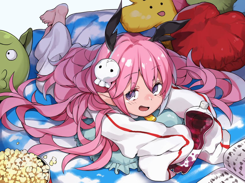 barefoot blush book bottle cushion food full_body hair_ornament heart highres holding long_hair looking_at_viewer lying nose_blush on_stomach open_book open_mouth outstretched_arms pink_hair pointy_ears popcorn ruki_(senyuu) sen'yuu. shooru skull_hair_ornament sleeves_past_wrists solo