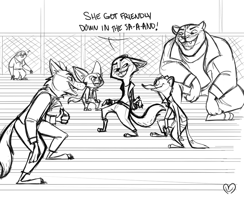 anthro black_and_white canine clothing dialogue disney duke_weaselton electoons feline flash_slothmore fox grease_(movie) mammal monochrome mustelid nick_wilde sketch sloth text tiger weasel wolf zootopia